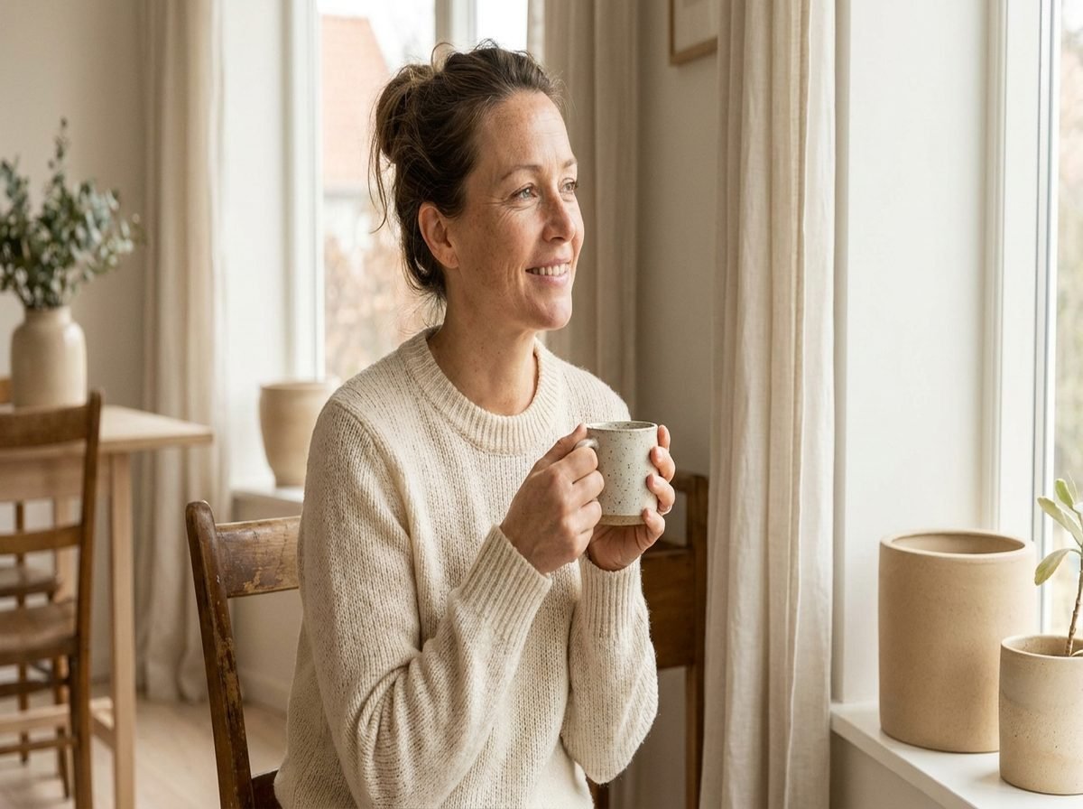 A woman sits by a window in soft morning light, bare-faced, holding a ceramic mug