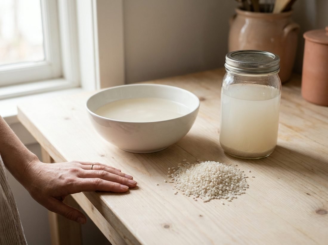 A white ceramic bowl of cloudy rice rinse water on a wooden kitchen counter, beside a glass jar of the same water and a small heap of uncooked short-grain rice