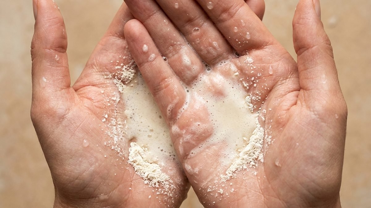 Macro close-up of fine off-white rice powder turning into a creamy lather between two wet palms